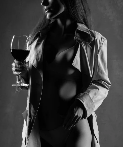Red Wine Glass Young Woman Glass Wine Selective Focus Sexy — Stock Photo, Image