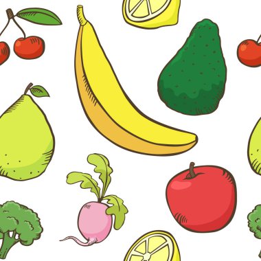 Meyve ve sebze desen, Vejetaryen küme. Vektör doku Tekstil, sarma, duvar kağıtları ve diğer yüzeyler için. Turp, muz, avokado, elma, armut, kiraz, brokoli.