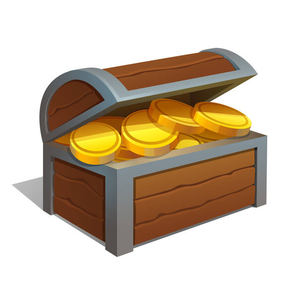 Открытый деревянный ящик с золотыми монетами. Икона "Грудь". Векторная иллюстрация
