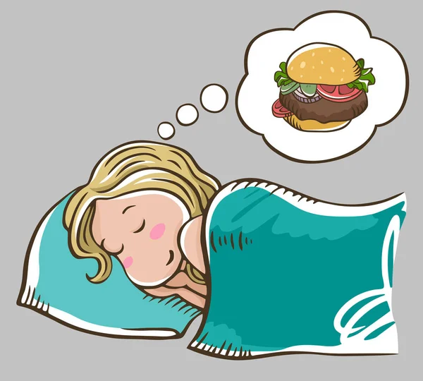 ハンバーガーを夢見て枕にブロンドの女の子を寝ています 灰色の背景上に分離 ハンバーガーの夢 騎乗位ダイエット — ストックベクタ
