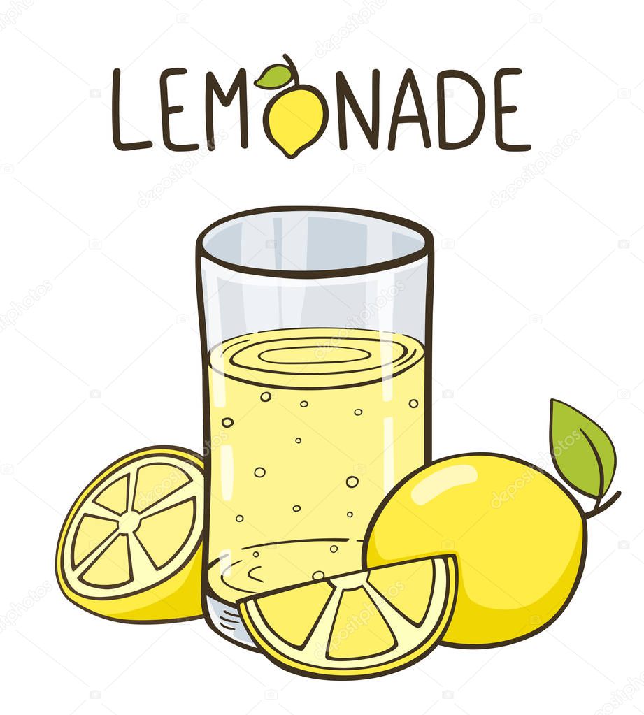 Lemonade glass with slice of lemons and lemon. Lemonade lettering. Lemonade logo.