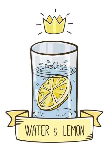 Bicchiere Acqua Vettoriale Con Fetta Limone Etichetta Testo Corona Beve — Vettoriale Stock