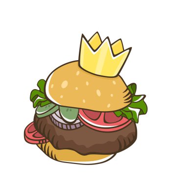 Taç salata biftek domates turşu karikatür vektör ile Burger. Çizgi film burger. Fast food vektör. Kral gıda. 