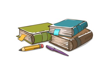 Beyaz arka plan ağaç kayıtlarda kalem ve kurşun kalem ile. Yeşil kitap. Kahverengi kitap. Mavi kitap. Karikatür vektör.