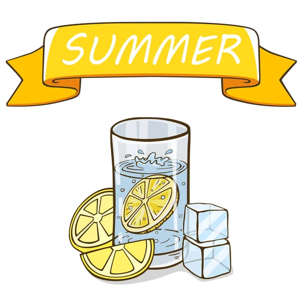 Vector Glass Water Lemon Slice Ice Cubes Label Summer Summer — Stock Vector