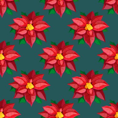 Noel ve yeni yıl Kesintisiz kırmızı Atatürk çiçeği deseni karanlık bir arka plan üzerinde. Noel yıldızı desen. Noel doku Tekstil, sarma, kumaş, duvar kağıtları ve diğer yüzeyler için vektör.