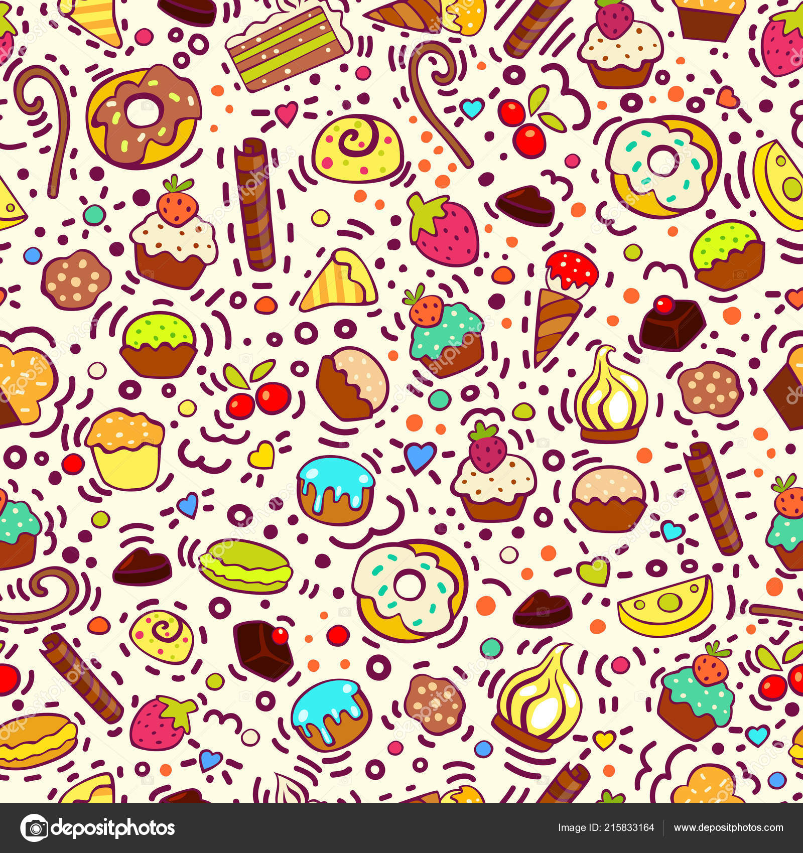Patrón Sin Costura Dulce Con Cupcakes Dulces Helados Galletas Pastelería  Vector de stock #215833164 de ©NatalliaVasilkova, image size:1600x1700