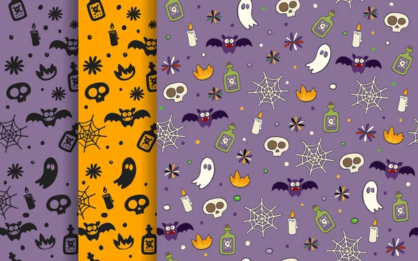 Halloween Seamless Pattern Set Ghost Bat Web Candle Poison Skull — Stock Vector