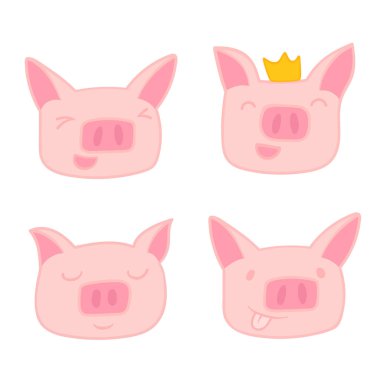 Domuz vektör karakter duygular. Taç ile şirin mutlu domuzcuk. Sevimli gülümseme domuz hediye kartı. Çince takvim yılında sembolü.