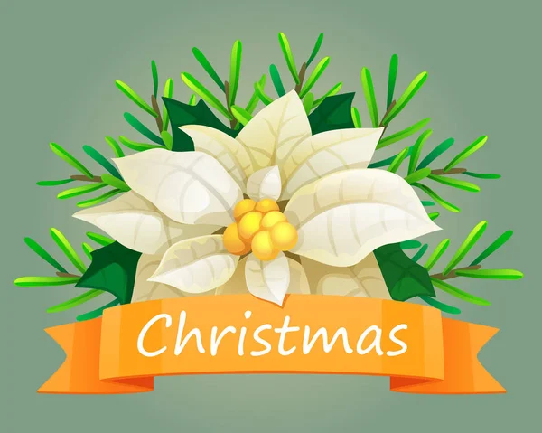 Poinsettia Hojas Blancas Estrella Navidad Con Ramas Verdes Etiqueta Naranja — Vector de stock