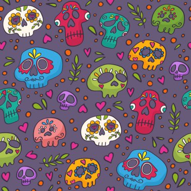 Renkli kafatasları Tekstil, sarma, kumaş, duvar kağıtları ve diğer yüzeyler için seamless modeli. Kutsal Ölüm doku. Ölü Meksikalı günü şeker kafatasları. Doodle stili.
