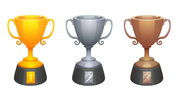 Vector Gold Silver Bronze Cups Trophy Awards Base Prizes First — Stock Vector