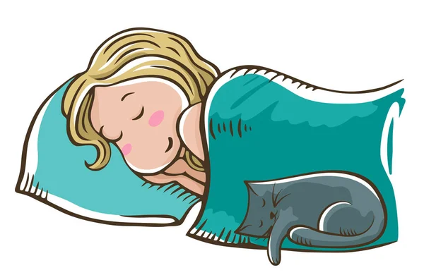 Sleeping Blonde Girl Pillow Cat Isolated White Background Good Night — Stock Vector