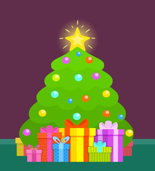 クリスマス ツリーの下にプレゼント ギフト用の箱のたくさんのクリスマス ツリーが飾られています フラット スタイルのベクトル図です ギフト ボックス パイルします — ストックベクタ