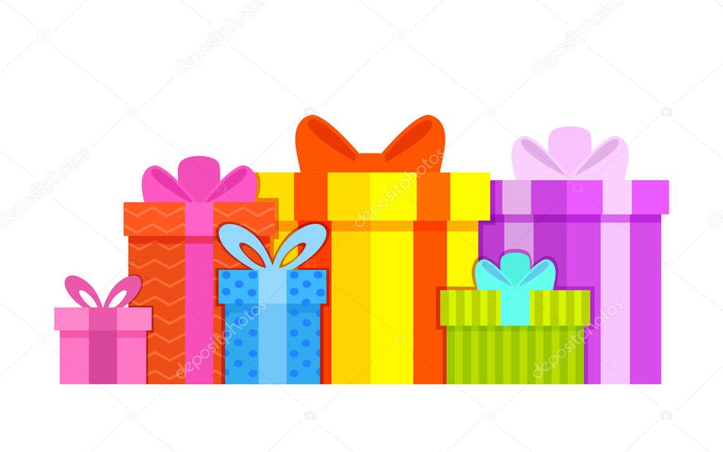 Gift boxes colorful flat style on white background with bows. Big pile of colorful wrapped gift boxes. Christmas, birthday, holidays concept. Vector illustration.