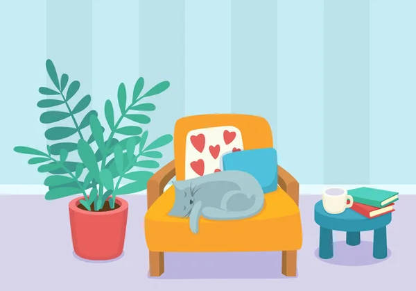 Projektowanie Wnętrz Pokój Dzienny Snem Kot Meble Krzesła Poduszki Roślin — Wektor stockowy