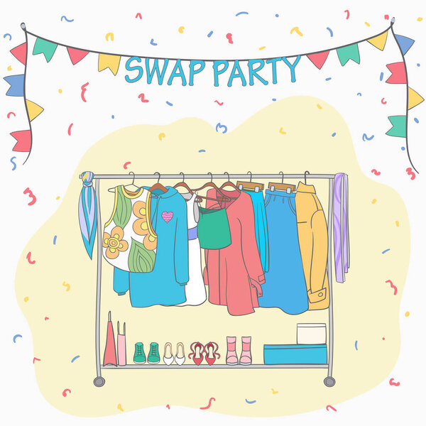 Swap party woman's clothes on hangers. Woman's Shoes. Clothes hanging on rack. Vector cartoon style illustration.Garage sale. Second life.