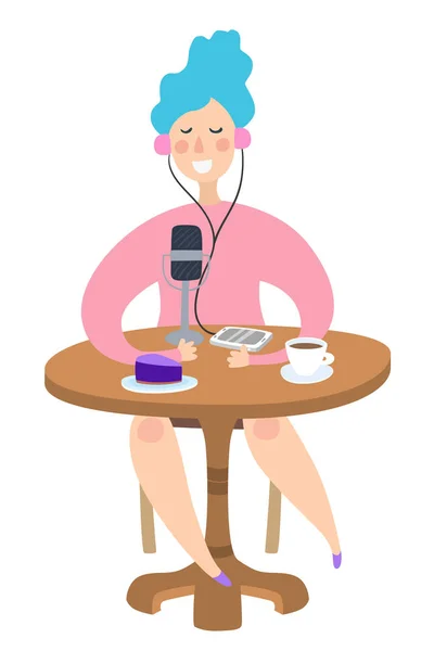 Ragazza Che Scrive Podcast Tavolino Con Telefono Microfono Una Donna — Vettoriale Stock
