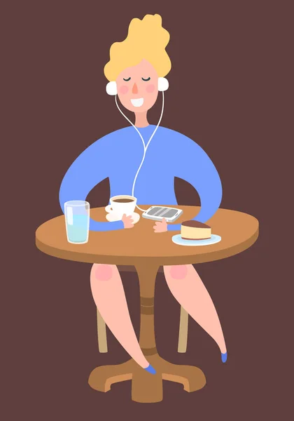 Chica Escuchando Música Mesa Cafetería Con Teléfono Café Pastel Mujer — Vector de stock