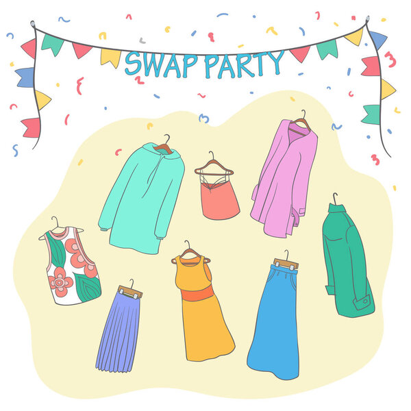 Swap party clothes. Swap party woman's clothes on hangers. Vector cartoon style illustration.Garage sale. Second life.