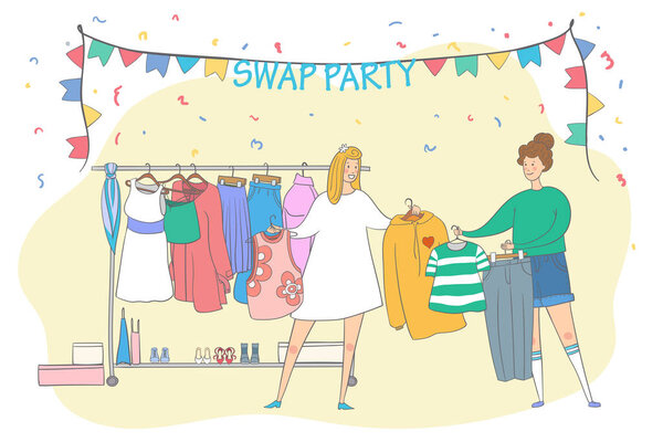 Swap party girls sell, buy and exchange clothes. Garage sale. Two young social and eco responsible girls at fashion swap party. Reduce and reuse concept. Vector cartoon style illustration.