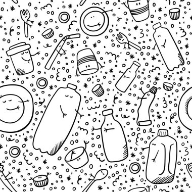 Plastik desen. Plastik karalamaları sıralamak. Geri dönüştürülemeyen çöp. Ekoloji ve geri dönüşüm kavram vektörü. Plastiği bir arada tutun.