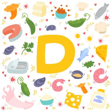 D vitamini karalamaları. D vitamini açısından zengin farklı gıda el çizilmiş illüstrasyon. Balık, karides, shiitake, mantar, yumurta, süt, kalamar.