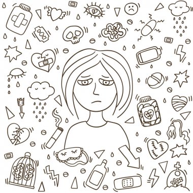 Depresyon kız Doodle. Heartbreak ve üzücü Doodle kız. Depresyon belirtileri ve belirtileri. Stres kavramı, üzüntü, depresyon, beyaz arka planda izole metafor. 