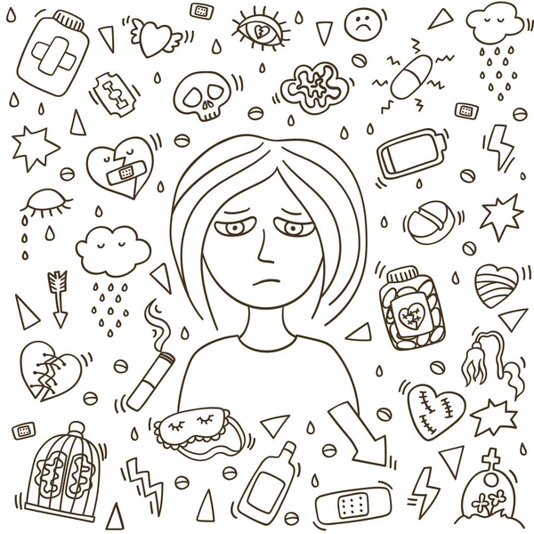 Gadis Depresi Doodle Patah Hati Dan Sedih Gadis Corat Coret - Stok Vektor