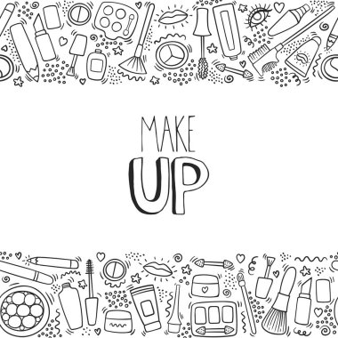 Ruj, krem, maskara, toz, tonları, fırça, el yazısı ile doodle yatay desen makyaj. Makyaj ve kozmetik yatay arka plan. Güzellik makyaj moda doodle vektör.