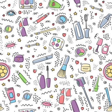 Ruj, krem, maskara, toz, tonları, fırça ile doodle desen makyaj. Makyaj ve kozmetik sembolleri. Güzellik moda doodle makyaj. Kozmetik vektör rengi.