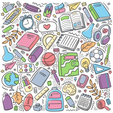 Okul renk setine geri dönelim. Okul malzemeleri ve aletleri. Okulun ilk günü. Eğitim koleksiyonu simgeleri doğrultusunda. Kalem, kalem, kitap, top, küre, top, sırt çantası, kimya şişeleri, fırça, cetvel - vektör