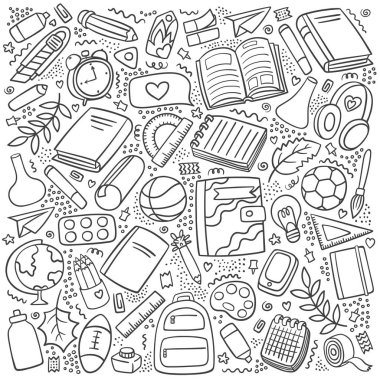 Okul anahattına geri dönelim. Okul malzemeleri ve aletleri. Okulun ilk günü. Eğitim koleksiyonu simgeleri doğrultusunda. Kalem, kalem, kitap, top, küre, top, sırt çantası, kimya şişeleri, fırça, cetvel - vektör