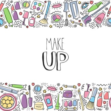 Ruj, krem, maskara, toz, tonları, fırça, el yazısı ile doodle yatay desen makyaj. Makyaj ve kozmetik yatay arka plan. Güzellik makyaj moda doodle vektör renk.