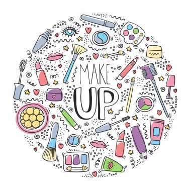 Ruj, krem, maskara, toz, tonları, fırça, el yazısı ile daire içinde doodle logosu makyaj. Metin, makyaj ve kozmetik sembolleri. Güzellik moda doodle logosu makyaj. Kozmetik vektör rengi