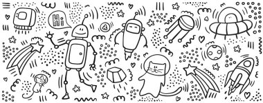 Robot doodle yatay. Afiş, kupa, baskılı malzemeler için fütüristik teknoloji kavramı. Uzay nesneleri, robot ve semboller kümesi. Gezegenler ve gemiler. Uzay karalamaları. Gelecekteki kavram vektörü.
