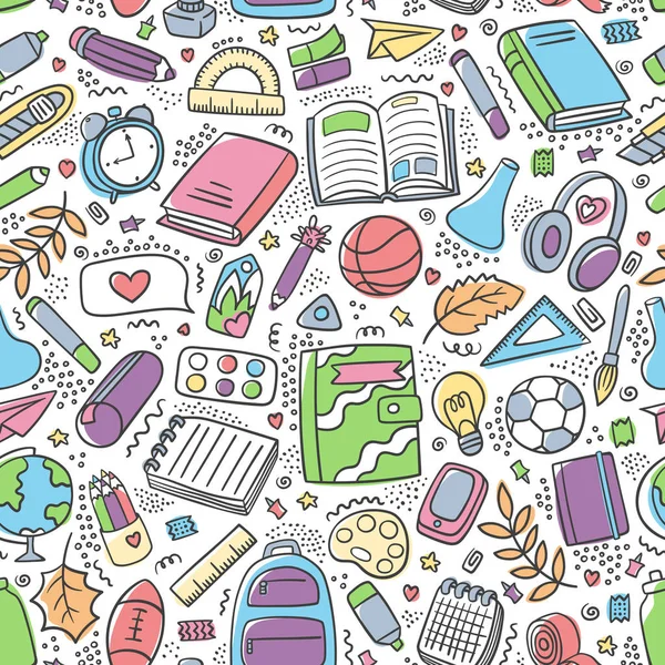 Okula Renk Deseni Doodle Ina Geri Dönelim Farklı Okul Malzemeleri — Stok Vektör