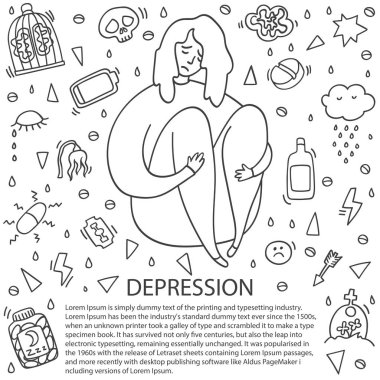 Üzgün ve depresif kız oturuyor. Depresyon kız doodle. Kalp kırıklığı ve hüzünlü karalama kadın. Depresyon belirtileri ve semptomları. Stres, üzüntü, depresyon, acı kavramı. Metin için yer.