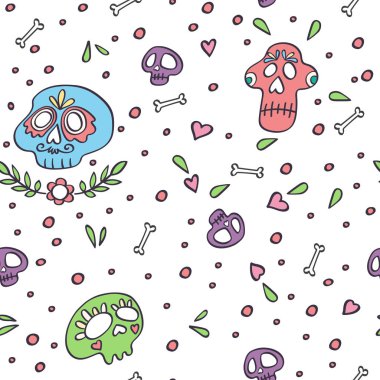 Kafatası kusursuz desen. Ölüler Günü kafatası arka planı. Meksikalı Dia de los Muertos tatil kafatasları. Yapraklar, kemikler, kalpler. Doodle tarzı vektör. Tekstil, sarma, kumaş ve diğer yüzeyler için doku