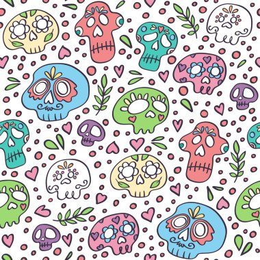 Meksika Dia de los Muertos (Ölüler Günü) kafatası deseni. Dead tatil kafatasları arka plan Günü. Parti afişi için desen. Doodle tarzı vektör. Tekstil, sarma, kumaş ve diğer yüzeyler için doku