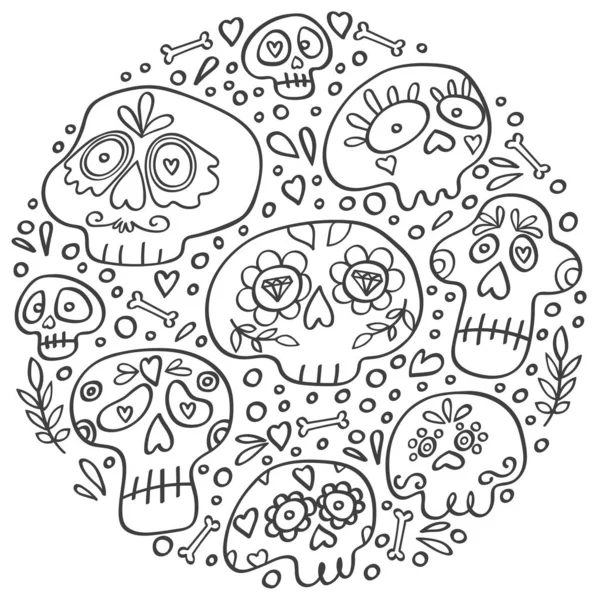 멕시코 무에르토스 두개골원 두개골의 파티의 아이콘입니다 두개골 윤곽선 스타일 손으로 — 스톡 벡터