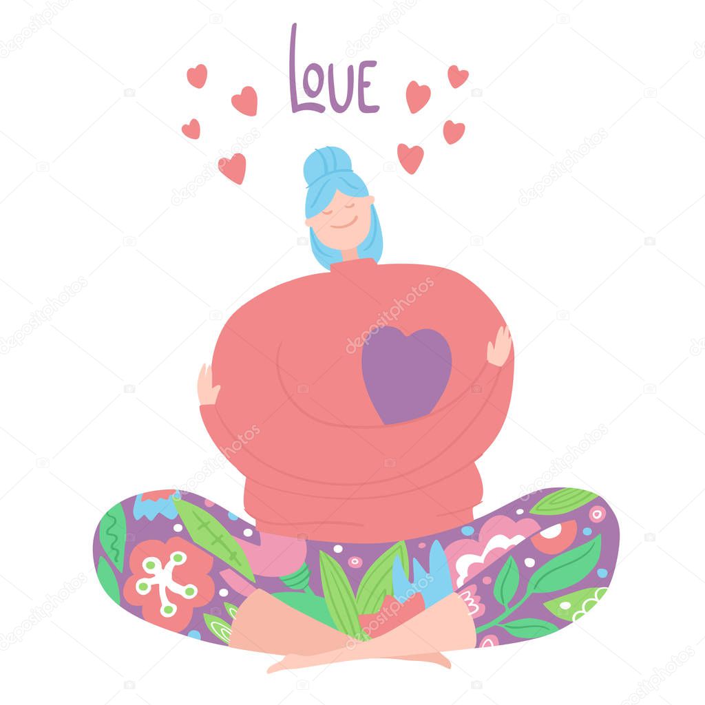 Love yourself. Love yourself concept. Happy girl hug herself with joy. Doodle stile character with closed eyes sitting cross legged and meditating. Girl with blue hair vector pastel colors. Time for yourself