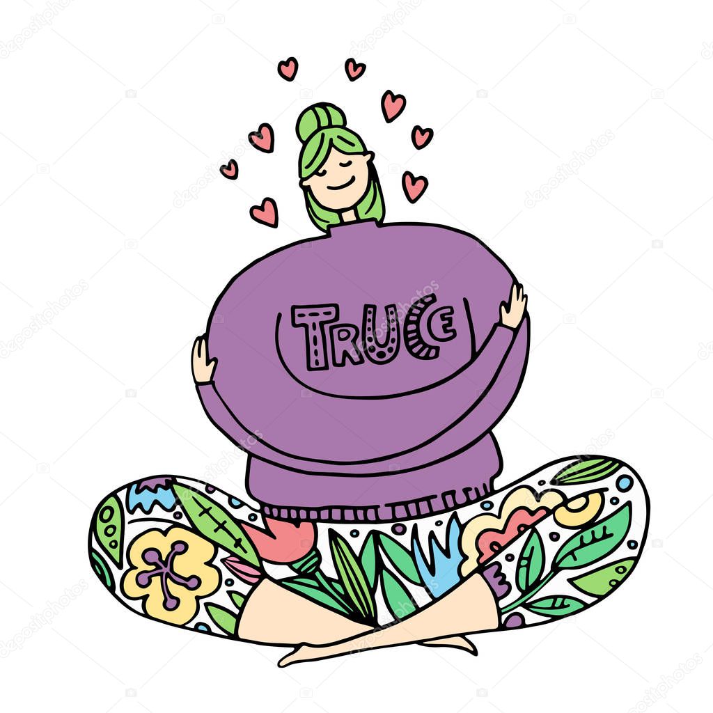 Love yourself. Truce concept. Happy girl hug herself with joy. Doodle stile character with closed eyes sitting cross legged and meditating, relaxing. Girl with green hair vector. Time for yourself