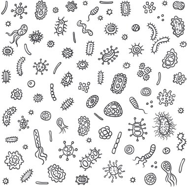 Bakteri ve mikroplar ana hat, mikro-organizmalar hastalık neden nesneler, farklı türleri, bakteriler, virüsler. Vektör doodle tarzı. Bakteri mikropları ve virüsler ayarlanır. Mikroskobik bakteri ve bakteri