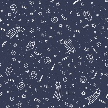 Kara tahta arka plan üzerinde yıldız ve göktaşları ile gece alanı. Çocuklar için evren kusursuz desen. Kozmik nesneler arka plan. Tekstil, sarma için vektör evren doku. Doodle tebeşir deseni
