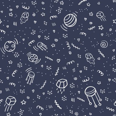 Karatahta arka plan üzerinde yıldızlar, gezegenler, uydu ve göktaşları ile gece alanı. Çocuklar için evren kusursuz desen. Kozmik nesneler arka plan. Tekstil, sarma için vektör evren doku. Doodle