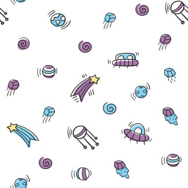 Yıldız, gezegen, uydu, uzaylılar ve göktaşları ile uzay karalama desen. Çocuklar için evren kusursuz desen. Kozmik nesneler arka plan. Tekstil, sarma, keten, kumaş için vektör evren dokusu