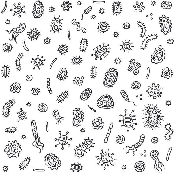 Bakteri ve mikroplar ana hat, mikro-organizmalar hastalık neden nesneler, farklı türleri, bakteriler, virüsler. Vektör doodle tarzı. Bakteri mikropları ve virüsler ayarlanır. Mikroskobik bakteri ve bakteri