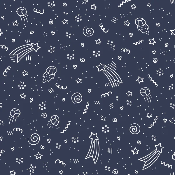 Kara tahta arka plan üzerinde yıldız ve göktaşları ile gece alanı. Çocuklar için evren kusursuz desen. Kozmik nesneler arka plan. Tekstil, sarma için vektör evren doku. Doodle tebeşir deseni