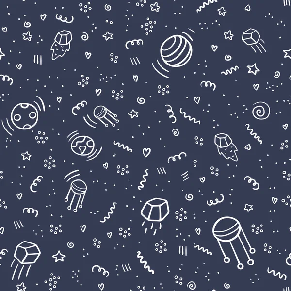 Karatahta arka plan üzerinde yıldızlar, gezegenler, uydu ve göktaşları ile gece alanı. Çocuklar için evren kusursuz desen. Kozmik nesneler arka plan. Tekstil, sarma için vektör evren doku. Doodle